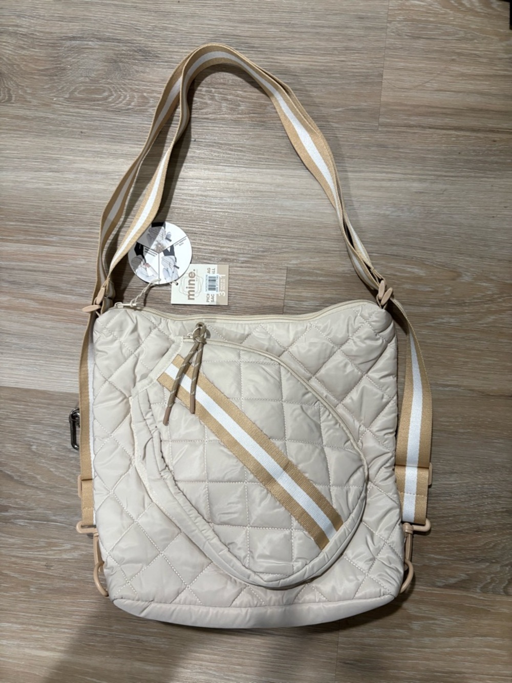 Pickleball bag: Quilted Crossbody Shoulder Bag in Cream with Striped Strap